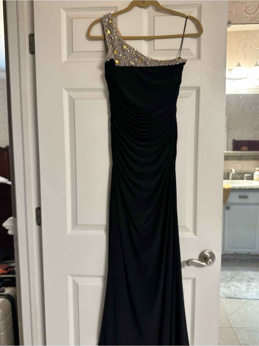 Cache Black One-Shoulder Evening Gown with Gold Embellished Strap